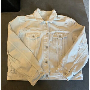 American Eagle Light Wash Denim Distressed Jacket, w/Cat Tapestry Size XL